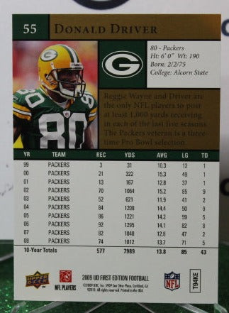 2009 UPPER DECK DONALD DRIVER # 55 GOLD NFL GREEN BAY PACKERS GRIDIRON CARD
