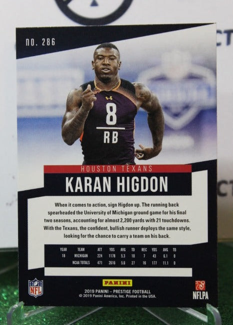 2019 PANINI PRESTIGE KARAN HIGDON # 286 ROOKIE NFL HOUSTON TEXANS GRIDIRON CARD