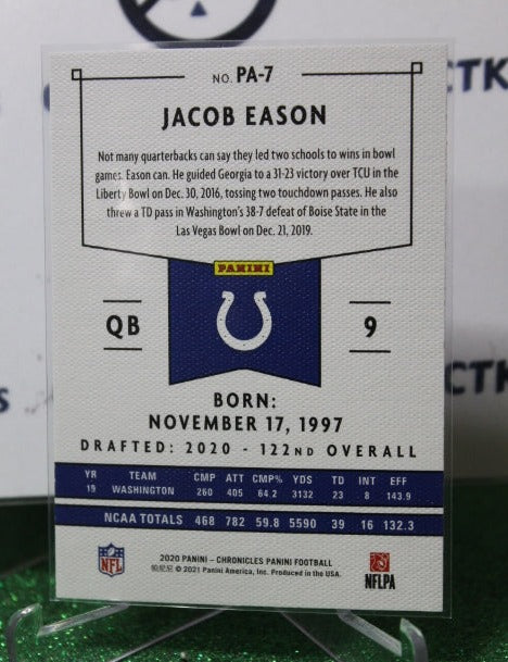 2020 PANINI CHRONICLES JACOB EASON # PA-7 ROOKIE NFL INDIANAPOLIS COLTS GRIDIRON CARD
