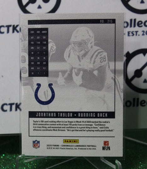 2020 PANINI CHRONICLES LUMINANCE JONATHAN TAYLOR # 215 ROOKIE NFL INDIANAPOLIS COLTS GRIDIRON CARD
