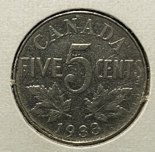 CANADIAN 1933 NICKEL 5 CENTS COIN KING GEORGE V (VG / VG+)