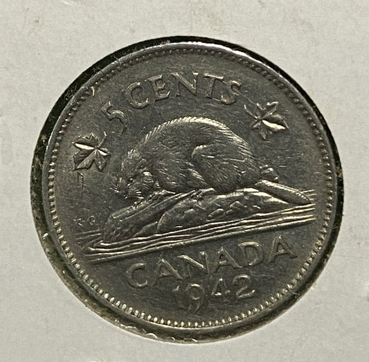 CANADIAN 1942 NICKEL 5 CENTS COIN KING GEORGE VI (F / VF)