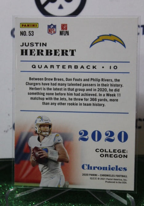 2020 PANINI CHRONICLES JUSTIN HERBERT # 53 ROOKIE NFL LOS ANGELES CHARGERS GRIDIRON CARD