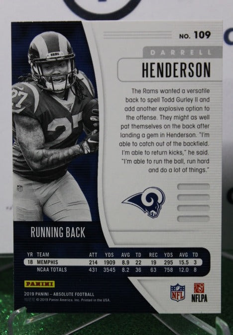 2019 PANINI ABSOLUTE DARRELL HENDERSON # 109 ROOKIE NFL LOS ANGELES RAMS GRIDIRON CARD
