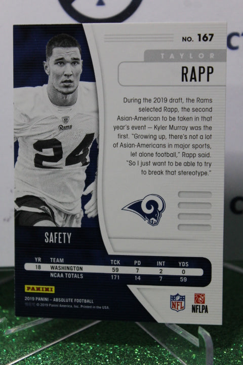 2019 PANINI ABSOLUTE TAYLOR RAPP # 167 ROOKIE NFL LOS ANGELES RAMS GRIDIRON CARD