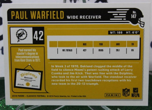 2018 PANINI CLASSICS PAUL WARFIELD # 147 NFL MIAMI DOLPHINS GRIDIRON CARD