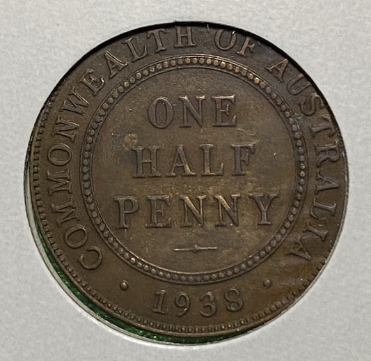 Australian HALF PENNY COIN 1938 KING GEORGE VI ( VG/F ) CONDITION
