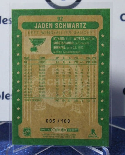 2021-22 O-PEE-CHEE JADEN SCHWARTZ # 92 ST. LOUIS BLUES 096/100 HOCKEY CARD