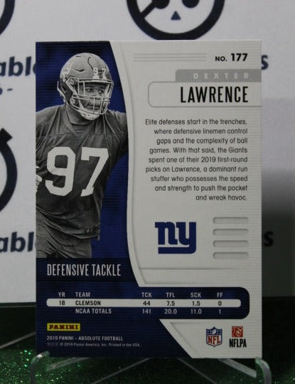 2019 PANINI ABSOLUTE DEXTER LAWRENCE # 177 ROOKIE NFL NEW YORK GIANTS GRIDIRON CARD