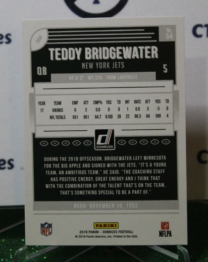 2018 PANINI DONRUSS TEDDY BRIDGEWATER # 54 NFL NEW YORK JETS GRIDIRON CARD