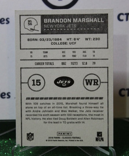 2016 PANINI CLASSICS BRANDON MARSHALL # 56 NFL NEW YORK JETS GRIDIRON CARD