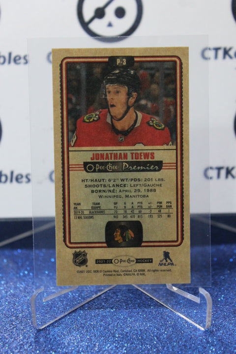 2021-22 O-PEE-CHEE PREMIER JONATHAN TOEWS # P-3 TALLBOYS CHICAGO BLACKHAWKS HOCKEY CARD