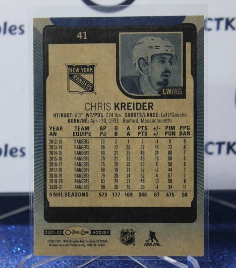 2021-22 O-PEE-CHEE CHRIS KREIDER # 41 BLUE PARALLEL NEW YORK RANGERS NHL HOCKEY CARD
