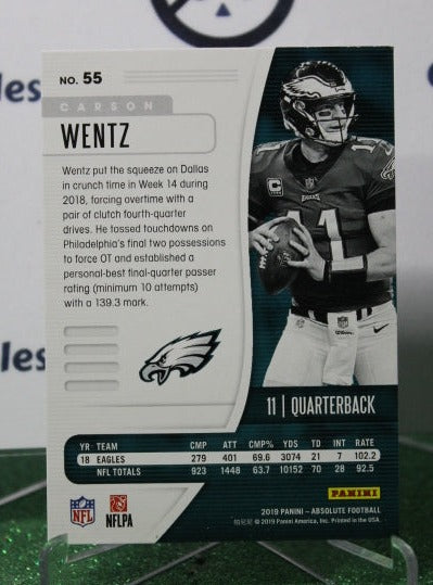 2019 PANINI ABSOLUTE CARSON WENTZ # 55 NFL PHILADELPHIA EAGLES GRIDIRON CARD