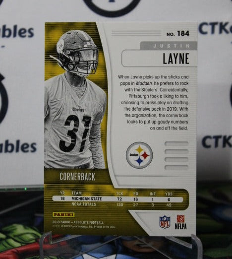 2019 PANINI ABSOLUTE JUSTIN LAYNE # 184 ROOKIE NFL PITTSBURGH STEELERS GRIDIRON CARD