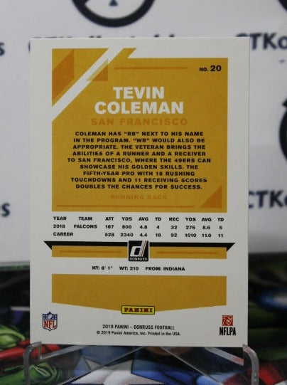 2019 PANINI DONRUSS TEVIN COLEMAN # 20 NFL SAN FRANCISCO 49ERS GRIDIRON CARD