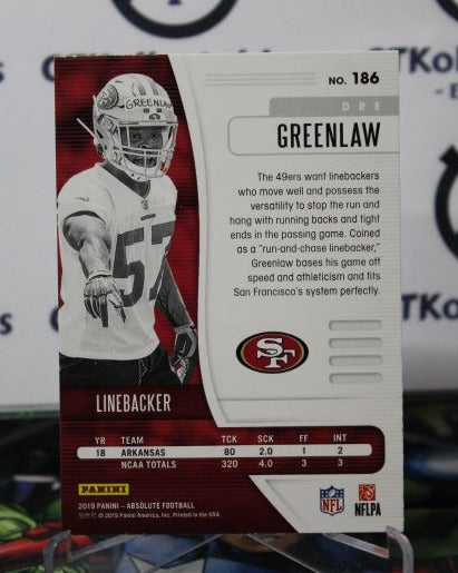 2019 PANINI ABSOLUTE DRE GREENLAW # 186 ROOKIE NFL SAN FRANCISCO 49ERS GRIDIRON CARD