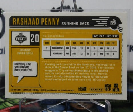 2018 PANINI CLASSICS RASHAAD PENNY # 220 DRAFT ROOKIE NFL SEATTLE SEAHAWKS GRIDIRON CARD