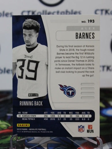 2019 PANINI ABSOLUTE ALEX BARNES # 193 ROOKIE NFL TENNESSEE TITANS GRIDIRON CARD