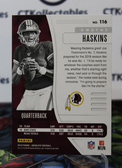 2019 PANINI ABSOLUTE DWAYNE HASKINS # 116 ROOKIE NFL WASHINGTON REDSKINS GRIDIRON CARD