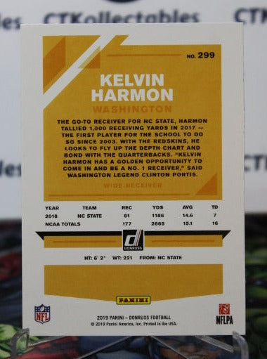 2019 PANINI DONRUSS KELVIN HARMON # 299 ROOKIE NFL WASHINGTON REDSKINS GRIDIRON CARD
