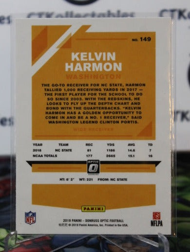 2019 PANINI DONRUSS OPTIC KELVIN HARMON # 149 ROOKIE NFL WASHINGTON REDSKINS GRIDIRON CARD