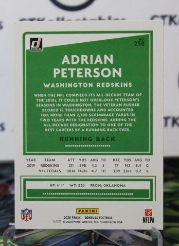 2020 PANINI DONRUSS ADRIAN PETERSON # 238 NFL WASHINGTON REDSKINS GRIDIRON CARD