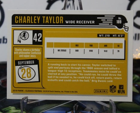 2018 PANINI CLASSICS CHARLEY TAYLOR # 189 LEGENDS NFL WASHINGTON REDSKINS GRIDIRON CARD