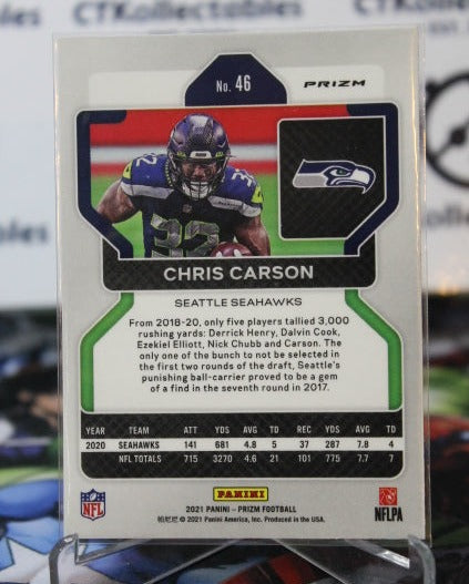 2021 PANINI PRIZM CHRIS CARSON # 46 RED WHITE BLUE PRIZM NFL SEATTLE SEAHAWKS GRIDIRON CARD