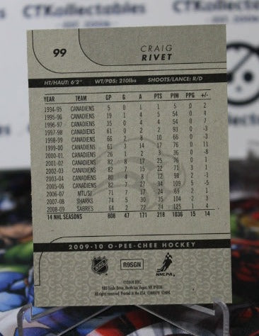 2009-10 O-PEE CHEE CRAIG RIVET # 99 BUFFALO SABRES NHL HOCKEY TRADING CARD