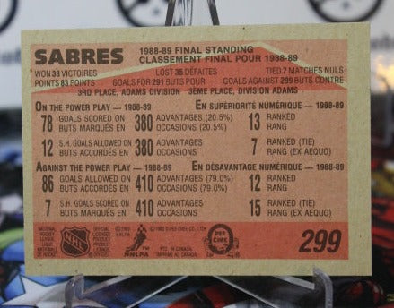 1989-90 O-PEE CHEE SABRES # 299 FINAL STANDING BUFFALO SABRES NHL HOCKEY TRADING CARD