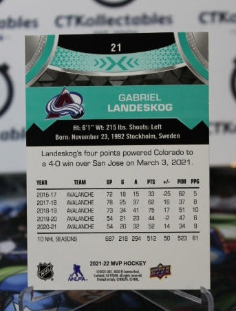 2021-22 UPPER DECK MVP GABRIEL LANDESKOG # 21 COLORADO AVALANCHE NHL HOCKEY TRADING CARD