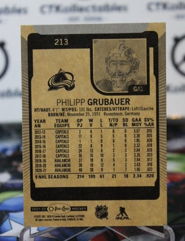 2021-22 O-PEE-CHEE PHILIPP GRUBAUER # 213 HOCKEY GOALTENDER COLORADO AVALANCHE CARD