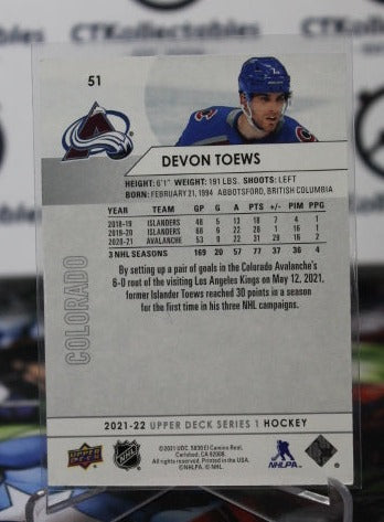 2021-22 UPPER DECK DEVON TOEWS # 51 COLORADO AVALANCHE NHL HOCKEY TRADING CARD