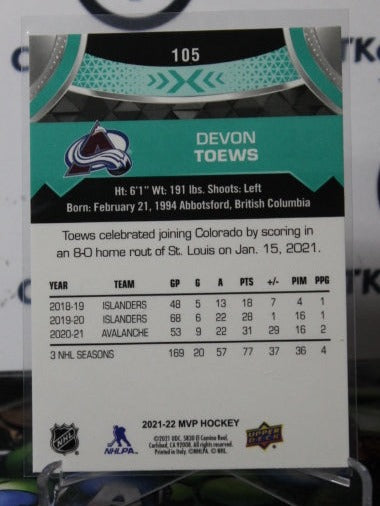 2021-22 UPPER DECK MVP DEVON TOEWS # 105 COLORADO AVALANCHE NHL HOCKEY TRADING CARD