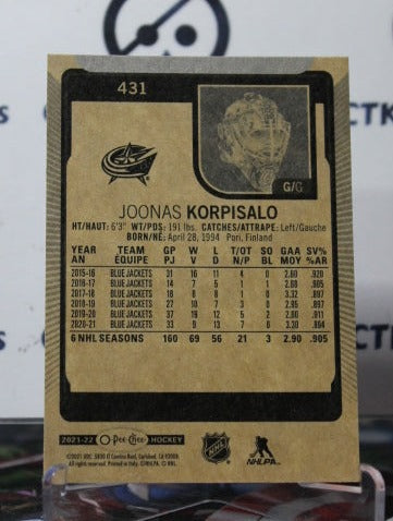 2021-22 O-PEE-CHEE JOONAS KORPISALO # 431 GOALTENDER COLUMBUS BLUE JACKETS HOCKEY CARD