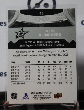 2021-22 UPPER DECK MVP JOHN KLINGBERG # 46 SILVER SIGNATURE DALLAS STARS NHL HOCKEY TRADING CARD