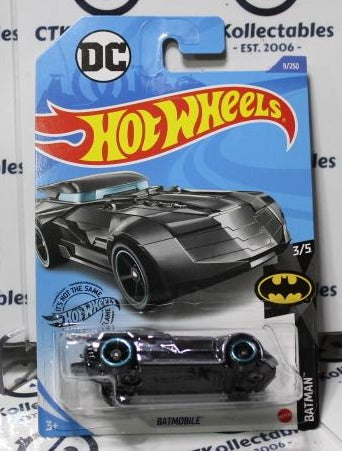 HOT WHEELS MATTEL BATMAN BATMOBILE 3/5 DC CHROME BLUE RIMS 9/250 LONG CARD 2018