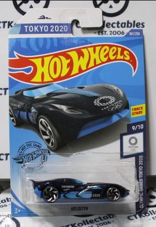 HOT WHEELS MATTEL TOKYO 2020 VELOCITA 9/10 BLUE OLYMPIC GAMES 167/250 LONG CARD 2018