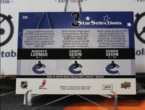 2009-10 UPPER DECK ROBERTO LUONGO DANIE; SEDIN HENRIK SEDIN # 229 VANCOUVER CANUCKS NHL HOCKEY TRADING CARD