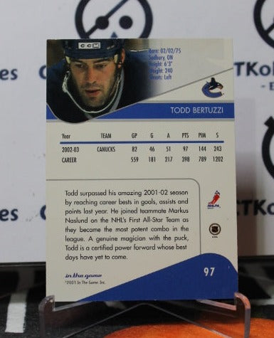 2002-03 IN THE GAME TODD BERTUZZI # 97 VANCOUVER CANUCKS NHL HOCKEY TRADING CARD