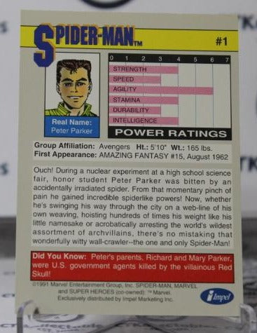 SPIDER-MAN # 1 MARVEL SUPER HEROES NM NON-SPORT TRADING CARD IMPEL 1991