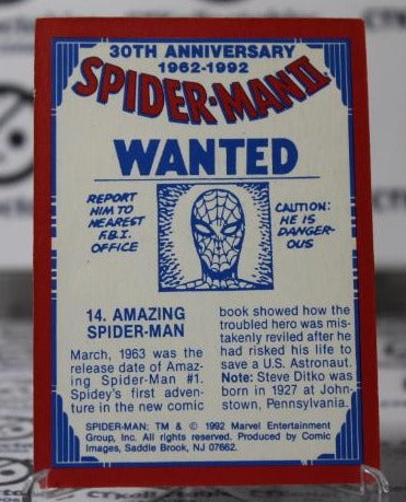SPIDER-MAN II 30TH ANNIVERSARY # 14 WANTED MARVEL NON-SPORT TRADING CARD 1992