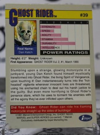 GHOST RIDER # 39 MARVEL NM SUPER HEROES NON-SPORT TRADING CARD 1991