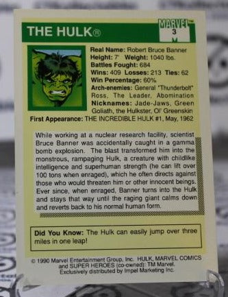 HULK # 3 MARVEL NM SUPER HEROES NON-SPORT TRADING CARD 1990