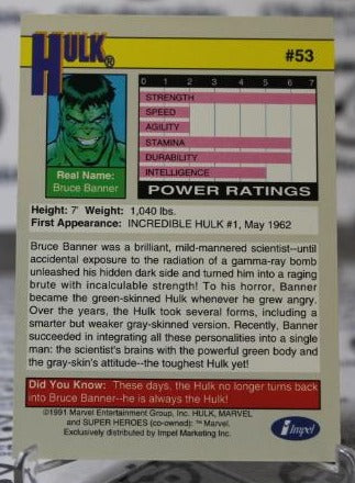 HULK # 53 MARVEL NM SUPER HEROES NON-SPORT TRADING CARD 1991