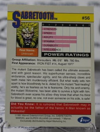 SABRETOOTH # 56 NM X-MEN MARVEL SUPER HEROES NON-SPORT TRADING CARD 1991