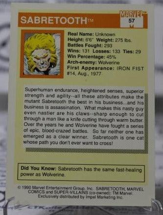SABRETOOTH # 57 NM X-MEN MARVEL SUPER HEROES NON-SPORT TRADING CARD 1990
