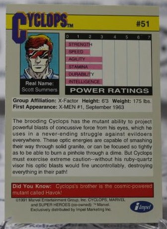 CYCLOPS # 51 X-MEN MARVEL NM SUPER HEROES NON-SPORT TRADING CARD IMPEL 1991