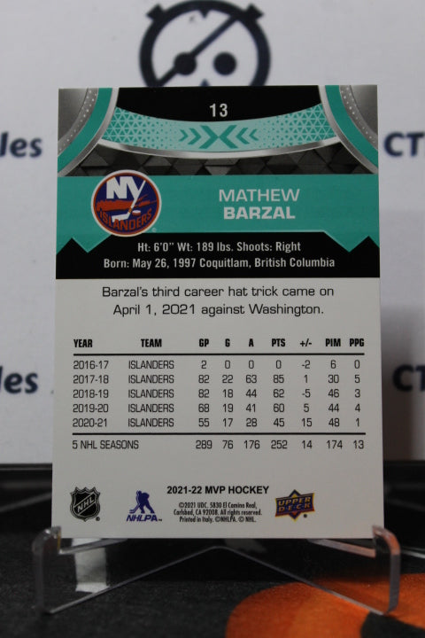 2021-22 UPPER DECK MVP MATHEW BARZAL # 13 NEW YORK ISLANDERS HOCKEY CARD